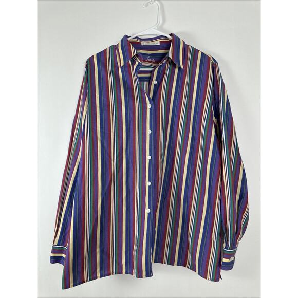 Foxcroft No-Iron Sz 16 Womens Button Up Shirt Long Sleeve Purple/Green Striped - Picture 1 of 10